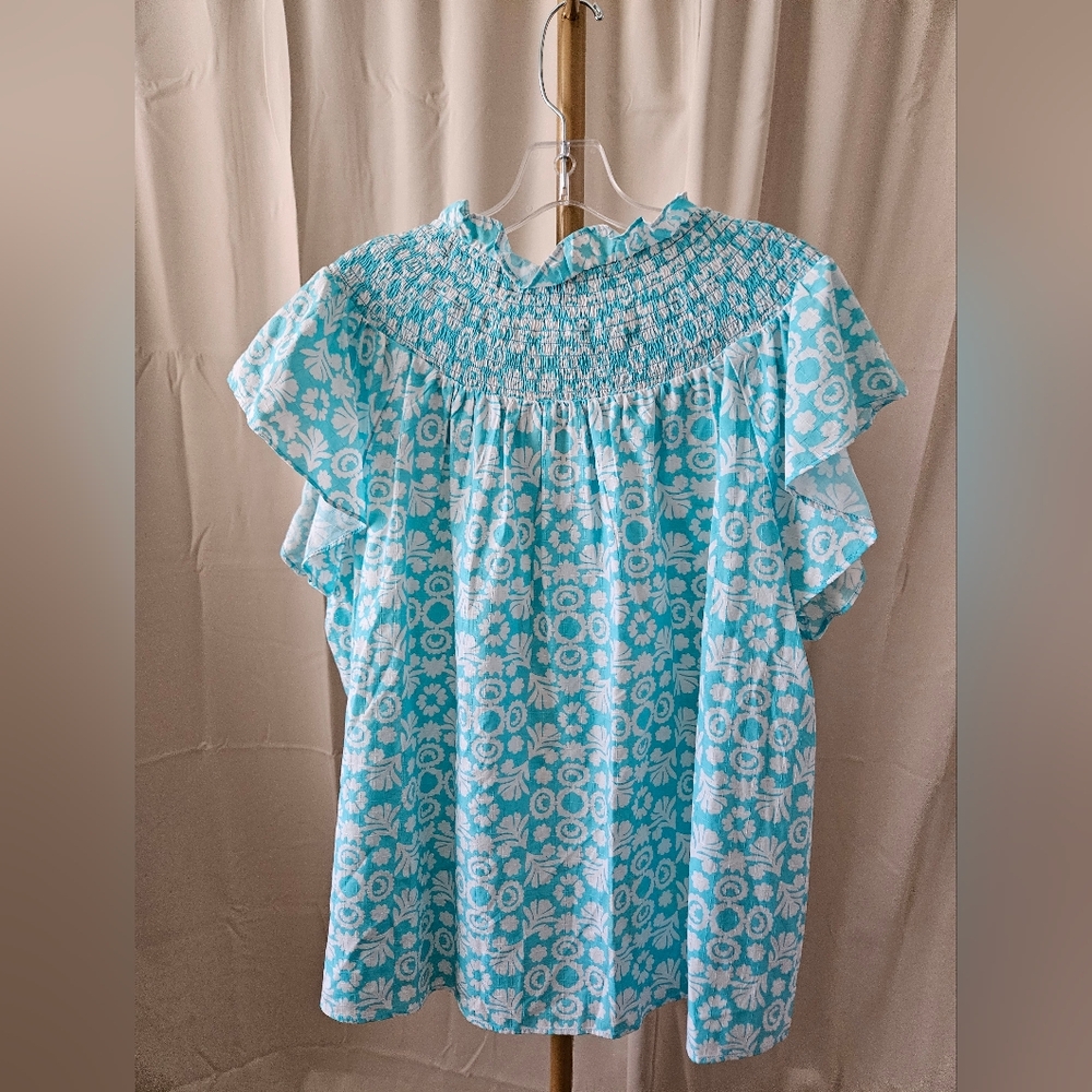 Ann Taylor Turquoise & White Printed Flutter Sleeve Blouse – XXL - Picture 4 of 4